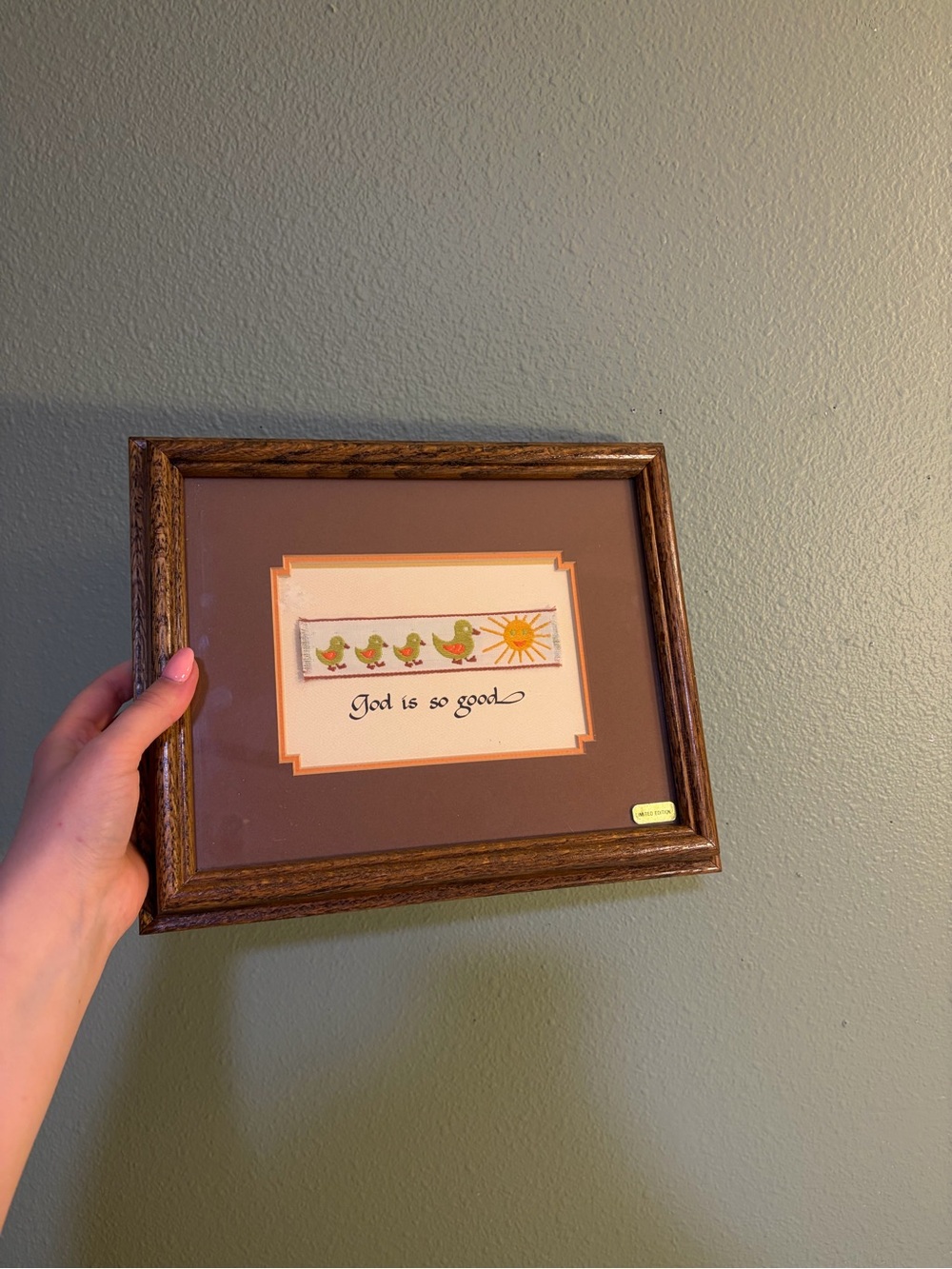 Framed 'God is so good' Embroidery Wall Art - Brown Frame, Pink Mat